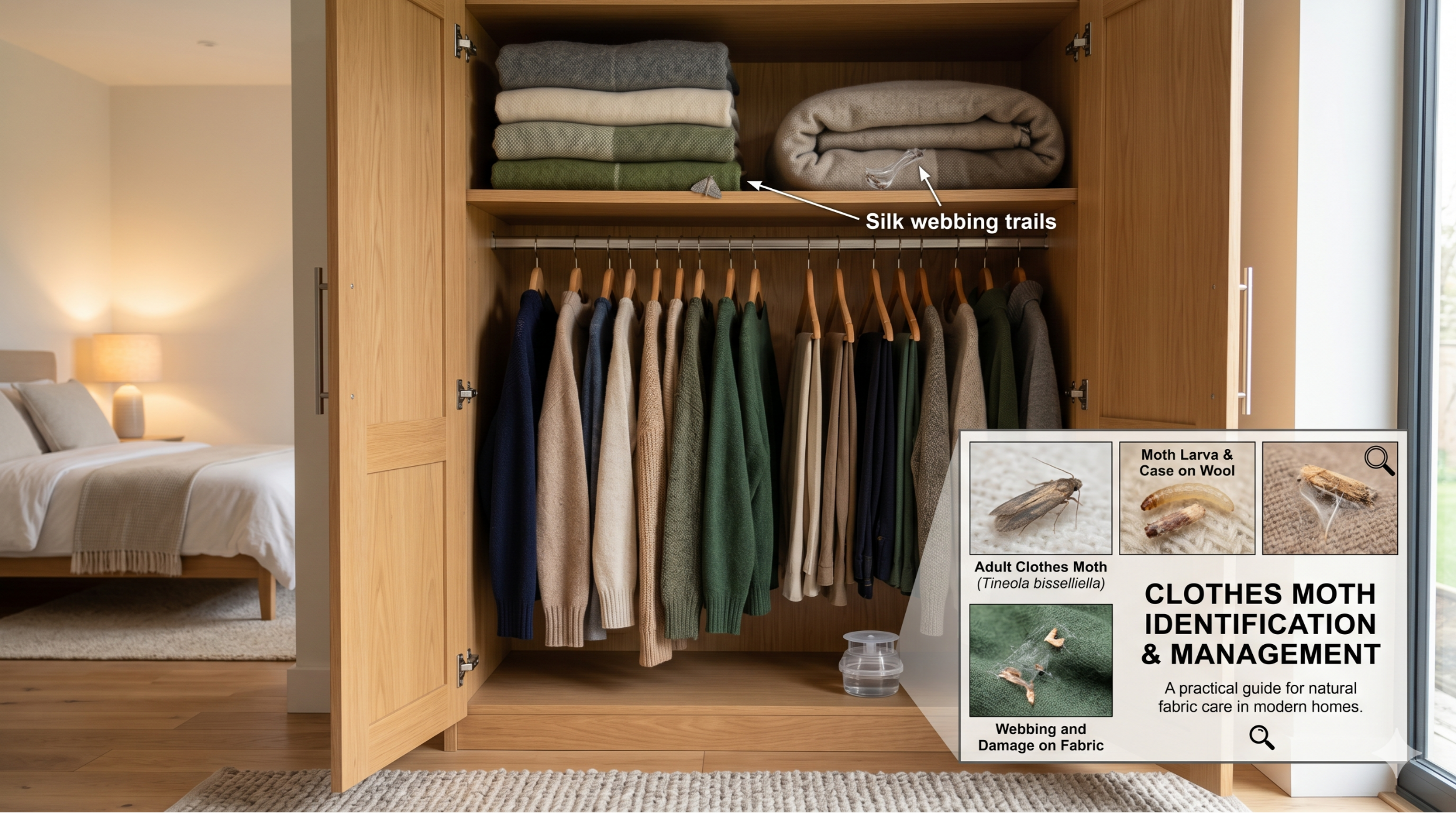 Wardrobe with natural fabric clothing that can attract clothes moths indoors