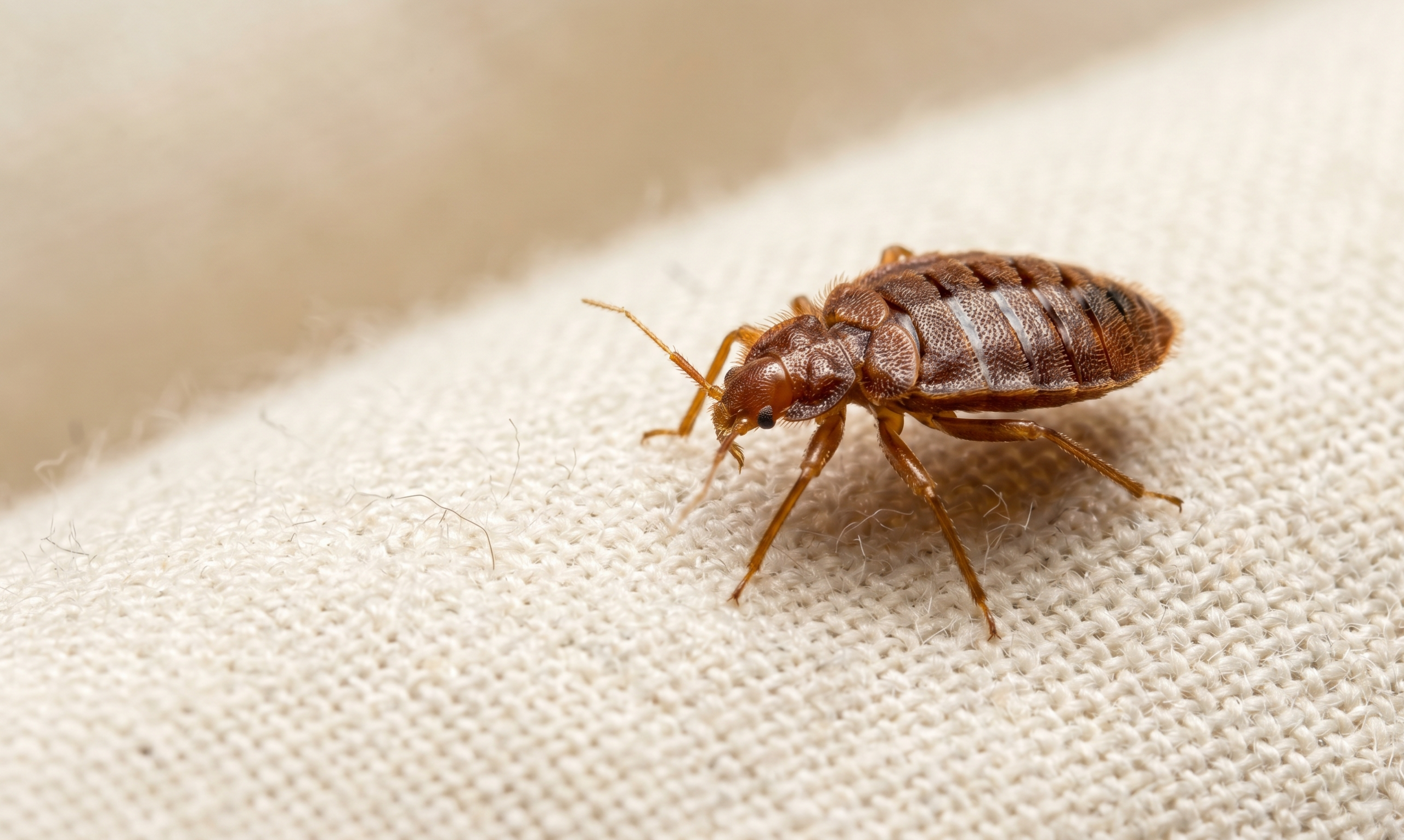 Close-up of a bed bug on pillow fabric