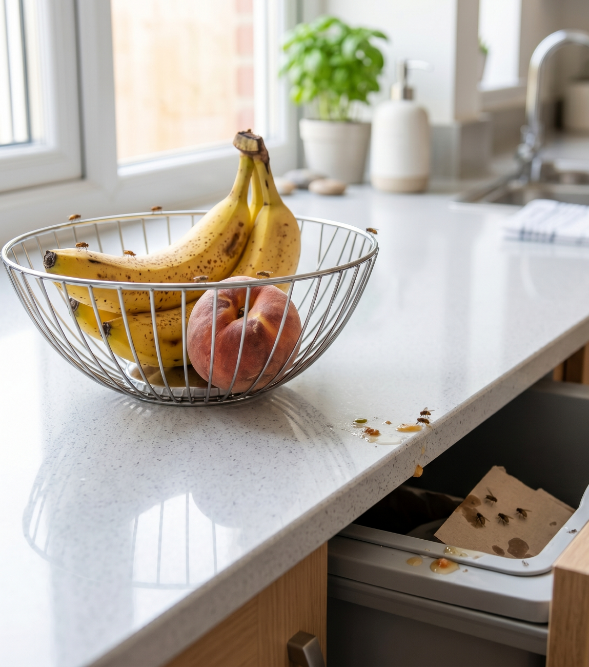 Fruit flies around food and recycling in a kitchen