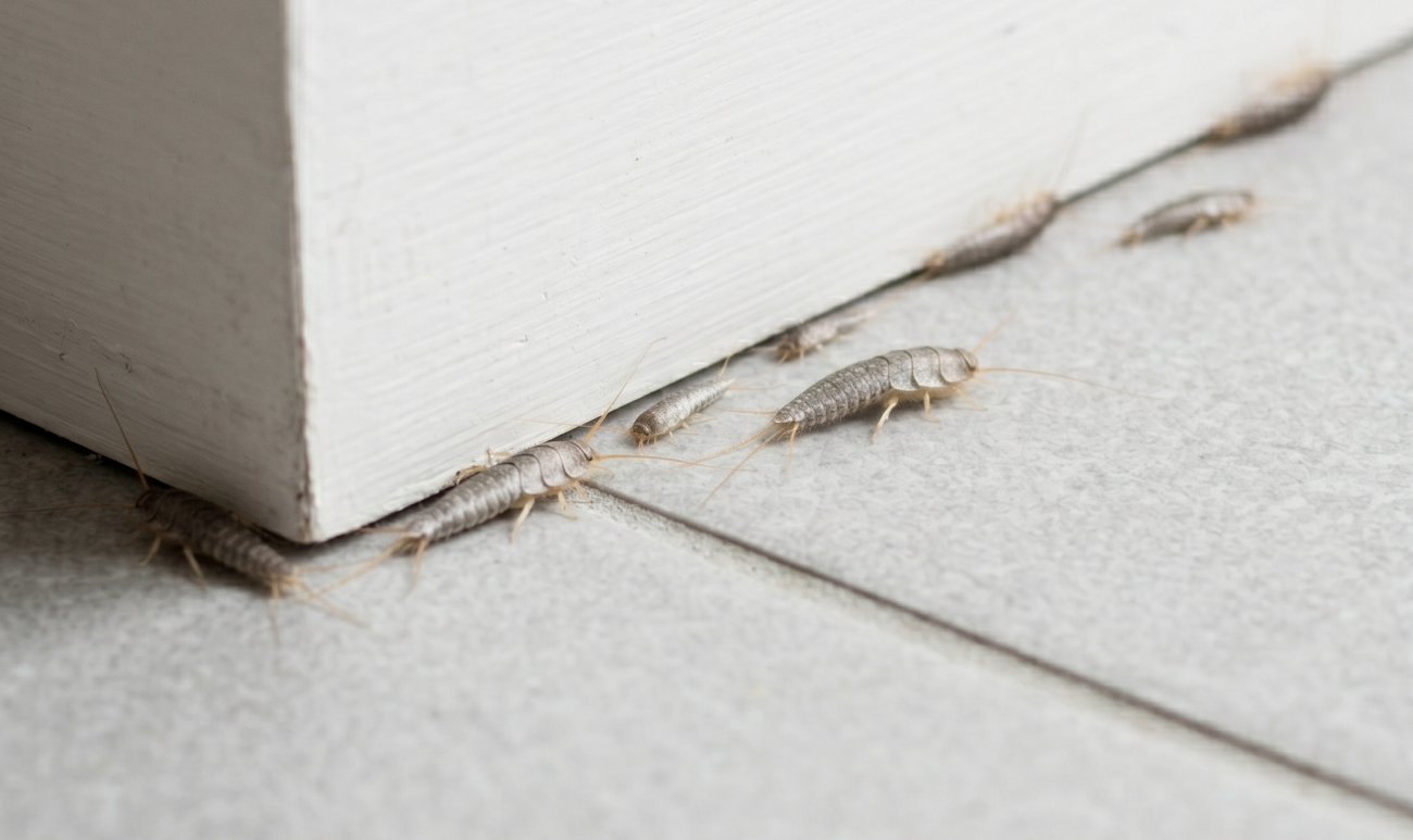 Several silverfish along a floor edge